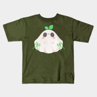 Cute Ghost with Green Leaves Halloween Illustration Kids T-Shirt